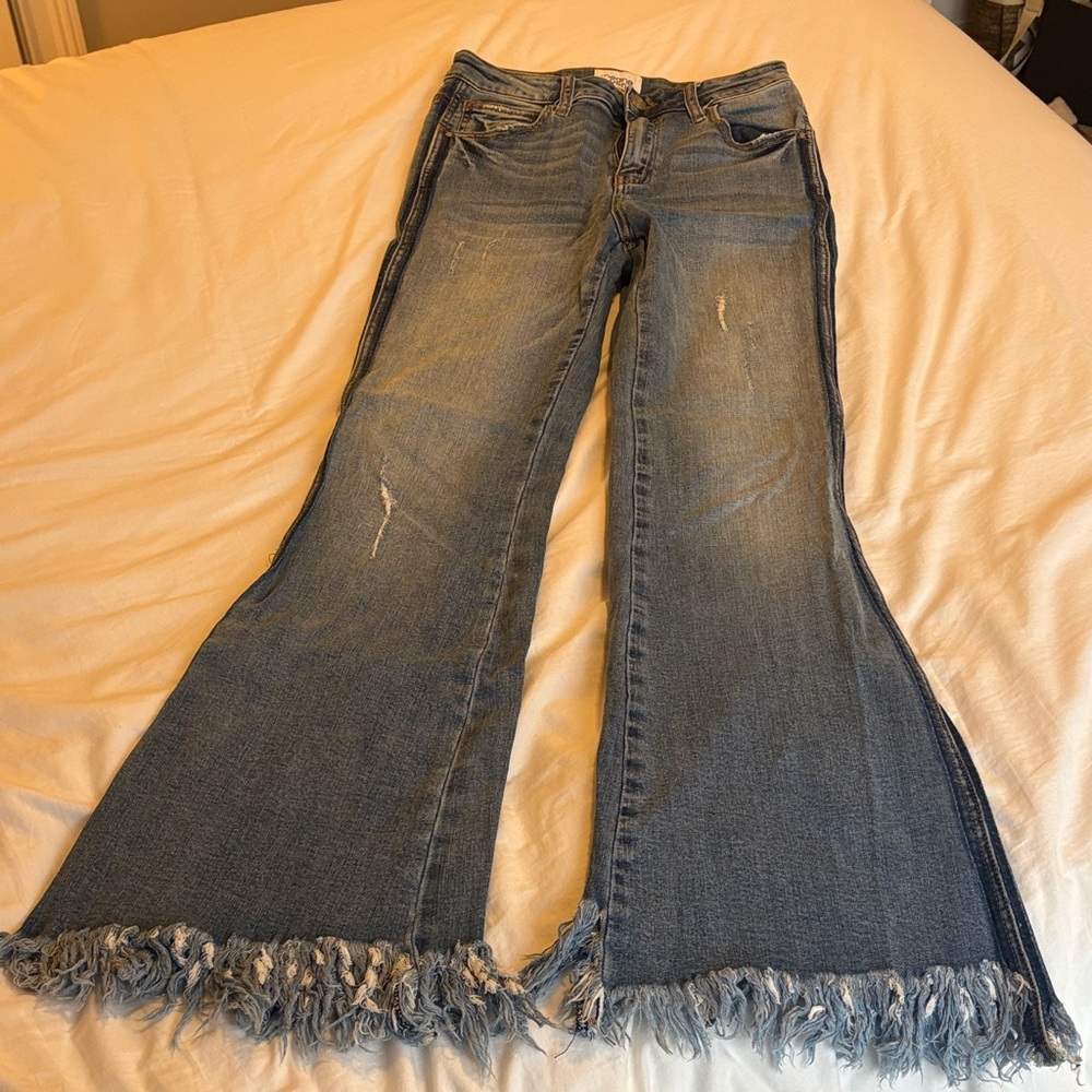 Classic Blue Flare Jeans with Frayed Hem